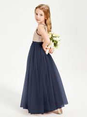 Sequined Top Long Tulle Junior Bridesmaid Gown Dark Navy