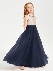 Sequined Top Long Tulle Junior Bridesmaid Gown Dark Navy