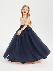 Sequined Top Long Tulle Junior Bridesmaid Gown Dark Navy