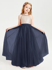Sequined Top Long Tulle Junior Bridesmaid Gown Dark Navy
