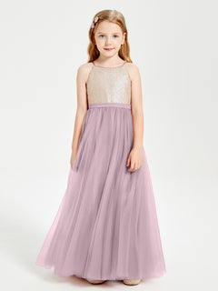 Sequined Top Long Tulle Junior Bridesmaid Gown Dusk