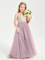 Sequined Top Long Tulle Junior Bridesmaid Gown Dusk