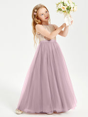 Sequined Top Long Tulle Junior Bridesmaid Gown Dusk