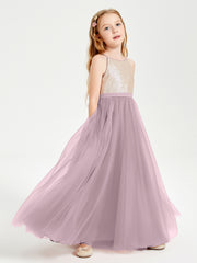 Sequined Top Long Tulle Junior Bridesmaid Gown Dusk