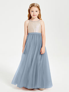 Sequined Top Long Tulle Junior Bridesmaid Gown Dusty Blue