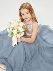 Sequined Top Long Tulle Junior Bridesmaid Gown Dusty Blue