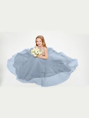 Sequined Top Long Tulle Junior Bridesmaid Gown Dusty Blue