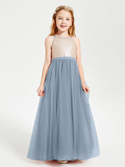 Sequined Top Long Tulle Junior Bridesmaid Gown Dusty Blue
