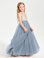 Sequined Top Long Tulle Junior Bridesmaid Gown Dusty Blue