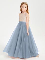 Sequined Top Long Tulle Junior Bridesmaid Gown Dusty Blue
