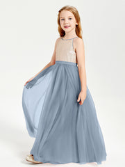 Sequined Top Long Tulle Junior Bridesmaid Gown Dusty Blue