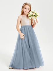 Sequined Top Long Tulle Junior Bridesmaid Gown Dusty Blue