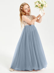 Sequined Top Long Tulle Junior Bridesmaid Gown Dusty Blue