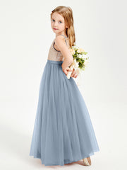 Sequined Top Long Tulle Junior Bridesmaid Gown Dusty Blue