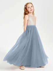Sequined Top Long Tulle Junior Bridesmaid Gown Dusty Blue