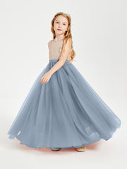 Sequined Top Long Tulle Junior Bridesmaid Gown Dusty Blue