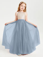 Sequined Top Long Tulle Junior Bridesmaid Gown Dusty Blue