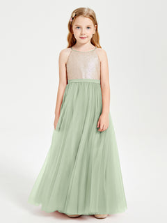 Sequined Top Long Tulle Junior Bridesmaid Gown Dusty Sage