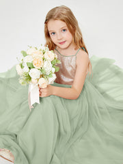 Sequined Top Long Tulle Junior Bridesmaid Gown Dusty Sage