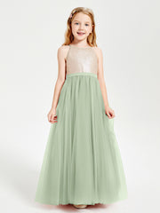 Sequined Top Long Tulle Junior Bridesmaid Gown Dusty Sage