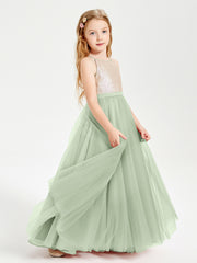 Sequined Top Long Tulle Junior Bridesmaid Gown Dusty Sage