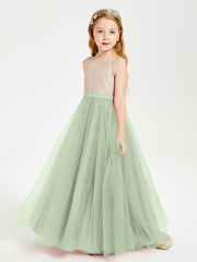 Sequined Top Long Tulle Junior Bridesmaid Gown Dusty Sage