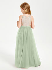 Sequined Top Long Tulle Junior Bridesmaid Gown Dusty Sage