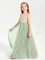 Sequined Top Long Tulle Junior Bridesmaid Gown Dusty Sage