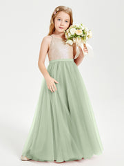 Sequined Top Long Tulle Junior Bridesmaid Gown Dusty Sage