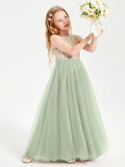 Sequined Top Long Tulle Junior Bridesmaid Gown Dusty Sage