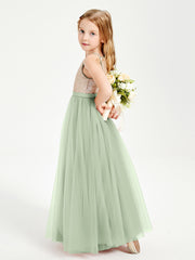 Sequined Top Long Tulle Junior Bridesmaid Gown Dusty Sage