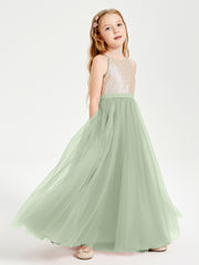 Sequined Top Long Tulle Junior Bridesmaid Gown Dusty Sage
