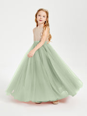 Sequined Top Long Tulle Junior Bridesmaid Gown Dusty Sage