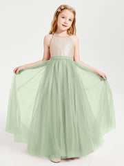 Sequined Top Long Tulle Junior Bridesmaid Gown Dusty Sage