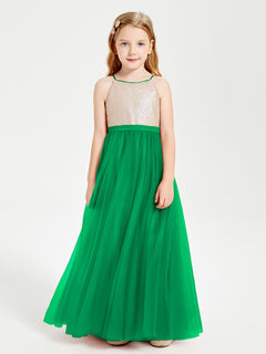 Sequined Top Long Tulle Junior Bridesmaid Gown Emerald