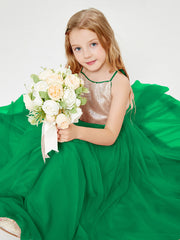 Sequined Top Long Tulle Junior Bridesmaid Gown Emerald