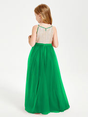 Sequined Top Long Tulle Junior Bridesmaid Gown Emerald