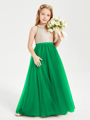 Sequined Top Long Tulle Junior Bridesmaid Gown Emerald