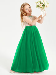 Sequined Top Long Tulle Junior Bridesmaid Gown Emerald