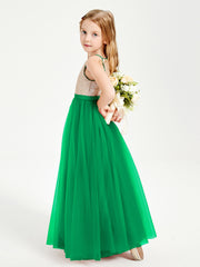 Sequined Top Long Tulle Junior Bridesmaid Gown Emerald