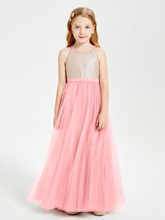 Sequined Top Long Tulle Junior Bridesmaid Gown Flamingo