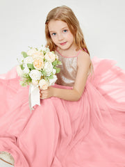 Sequined Top Long Tulle Junior Bridesmaid Gown Flamingo