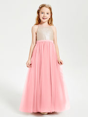 Sequined Top Long Tulle Junior Bridesmaid Gown Flamingo