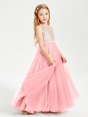 Sequined Top Long Tulle Junior Bridesmaid Gown Flamingo