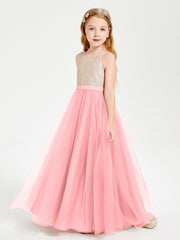 Sequined Top Long Tulle Junior Bridesmaid Gown Flamingo