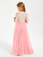 Sequined Top Long Tulle Junior Bridesmaid Gown Flamingo