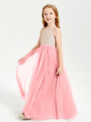 Sequined Top Long Tulle Junior Bridesmaid Gown Flamingo