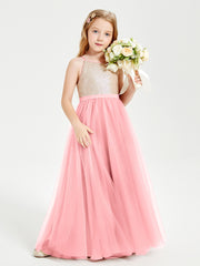 Sequined Top Long Tulle Junior Bridesmaid Gown Flamingo