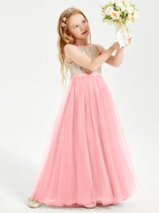 Sequined Top Long Tulle Junior Bridesmaid Gown Flamingo