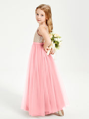 Sequined Top Long Tulle Junior Bridesmaid Gown Flamingo